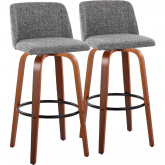 Toriano 24" Swivel Counter Stool in Walnut Wood & Grey Noise Fabric w/ Black Footrest (Set of 2)